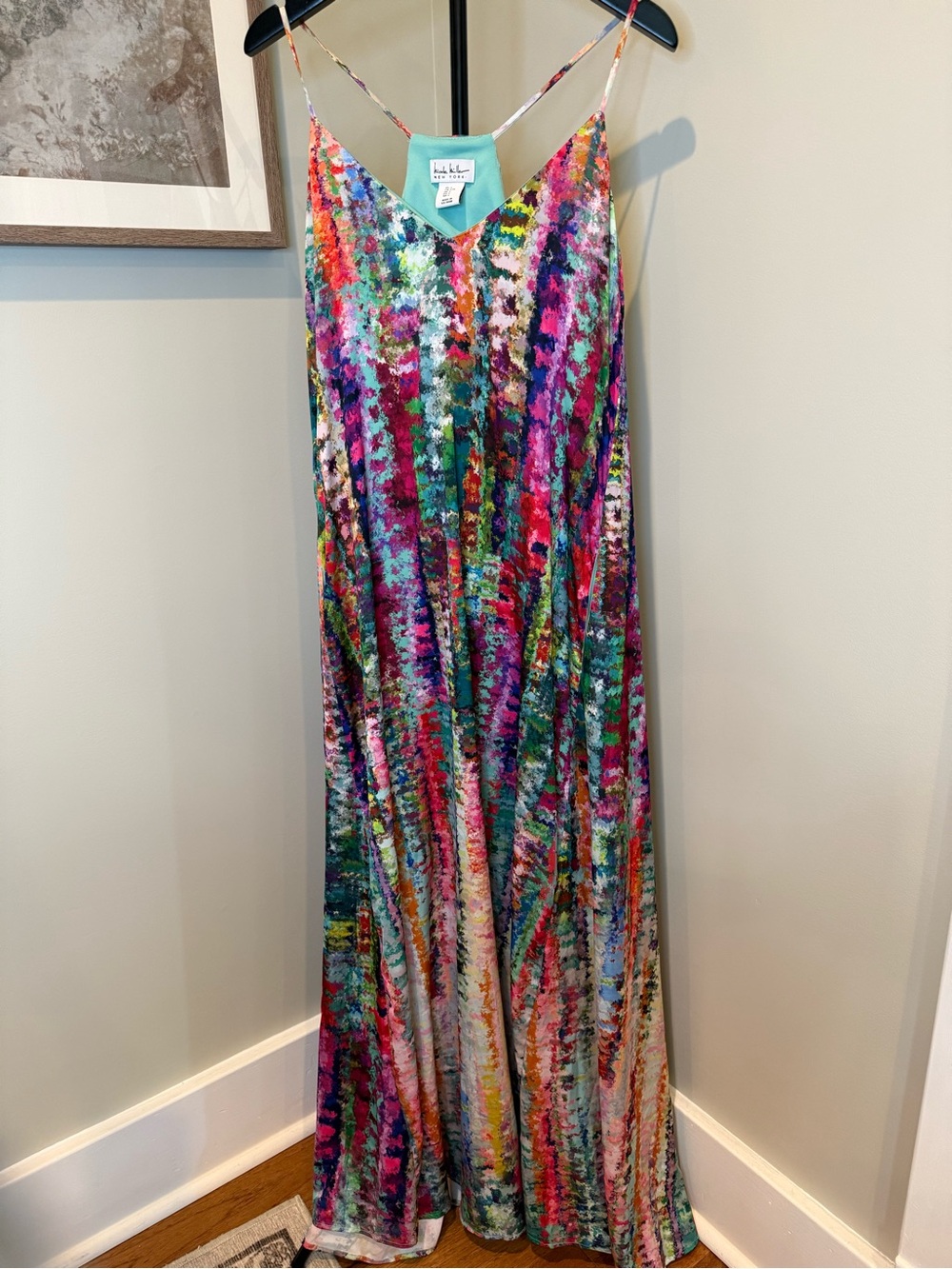 Nicole Miller NY Silky Watercolor Print Maxi Dress L Resort Vacation Cruise
